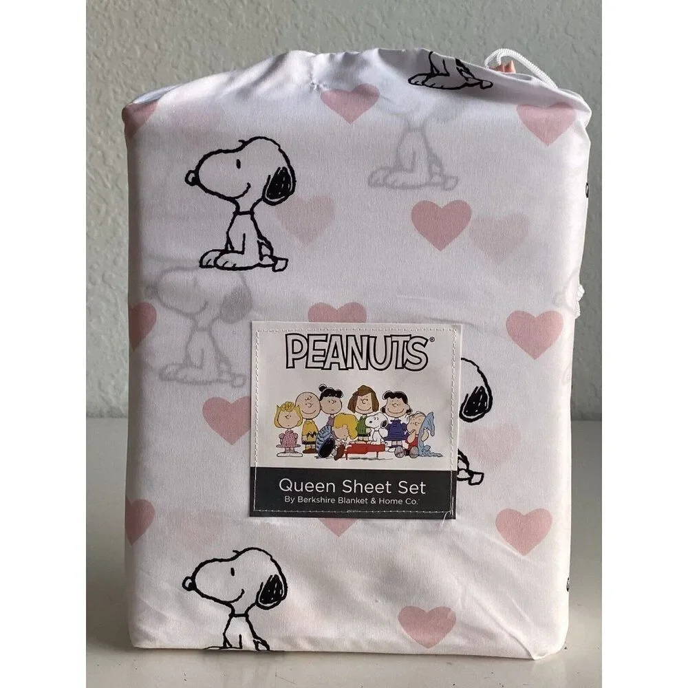 4 Pc Peanuts Snoopy Pink Hearts Valentines Day QUEEN Size Sheet Set Soft NEW